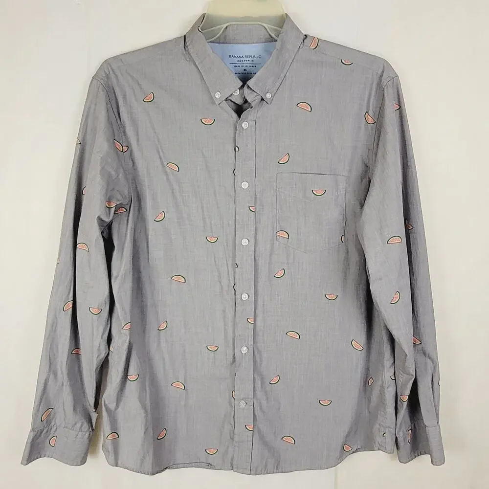 Banana Republic Luxe Poplin untucked slim fit button up Size XL Grey Watermelon